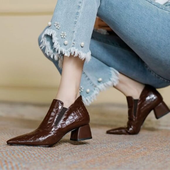 YDN Shoes - YDN Chocolate Sexy Pointed Toe Ankle Boots Chunky Low Heel Booties Pull on Shoe